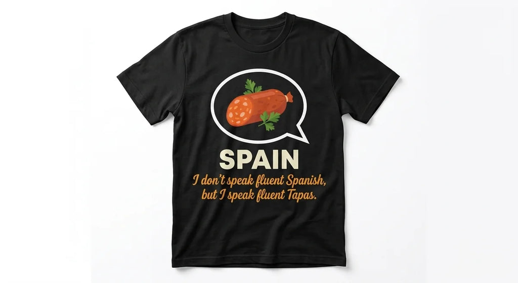 "I Speak Fluent Tapas" Spain Souvenir T-Shirt | Funny Foodie Tee | Funny Spain Vacation Graphic Tee