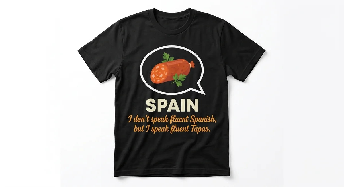"I Speak Fluent Tapas" Spain Souvenir T-Shirt | Funny Foodie Tee | Funny Spain Vacation Graphic Tee