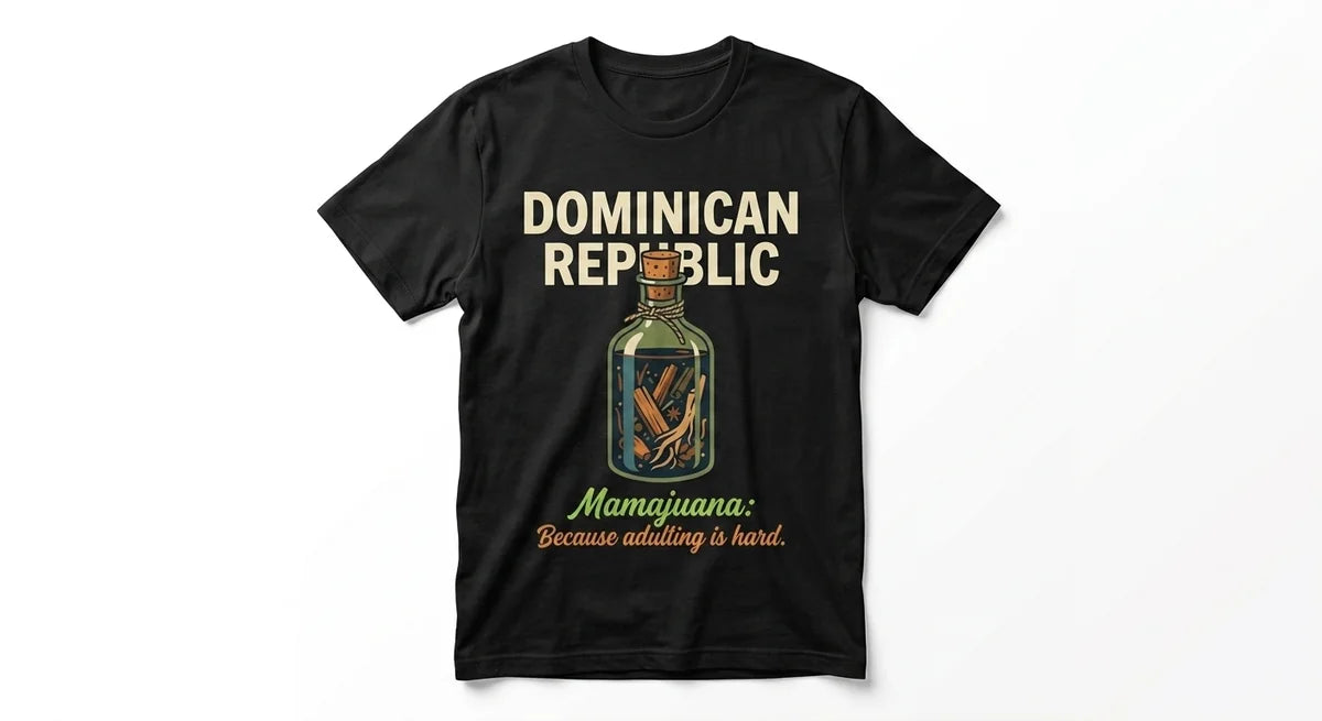 Dominican Republic Mamajuana T-Shirt | Funny Caribbean Vacation Tee | "Because Adulting Is Hard" Graphic Shirt