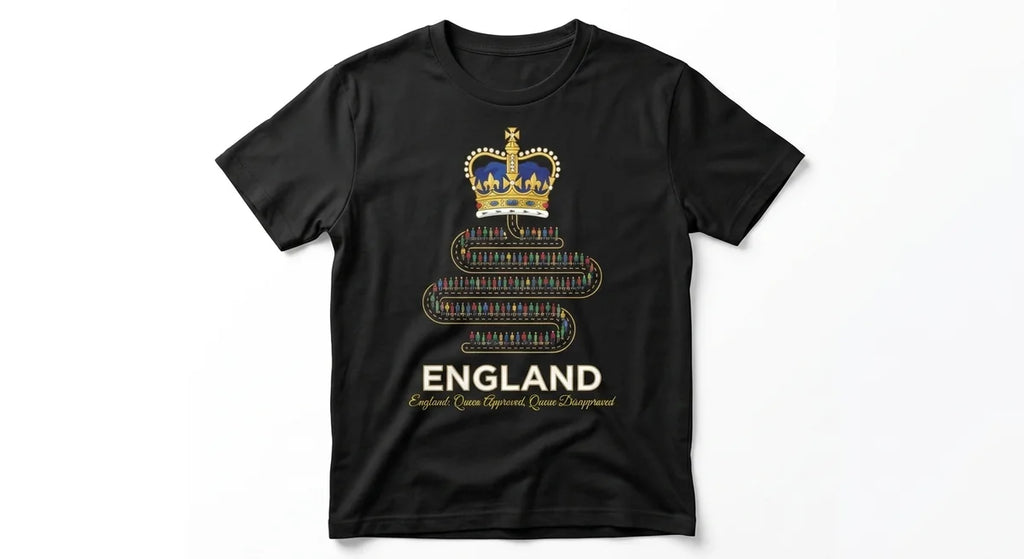 England Souvenir T-Shirt | "Queen Approved, Queue Disapproved" Funny British Humor Tee | Premium Cotton Graphic Top