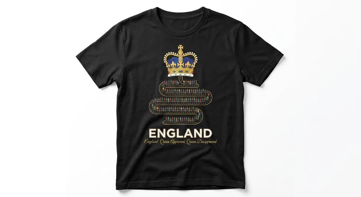 England Souvenir T-Shirt | "Queen Approved, Queue Disapproved" Funny British Humor Tee | Premium Cotton Graphic Top