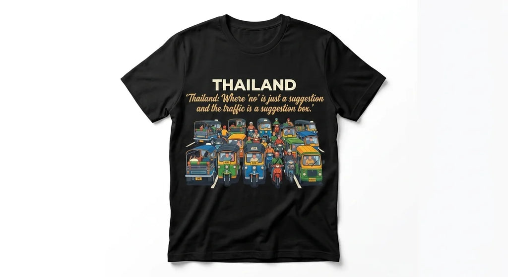 Thailand Traffic & Tuk-Tuk Humor T-Shirt | Funny Souvenir Tee | Retro Travel Graphic Shirt