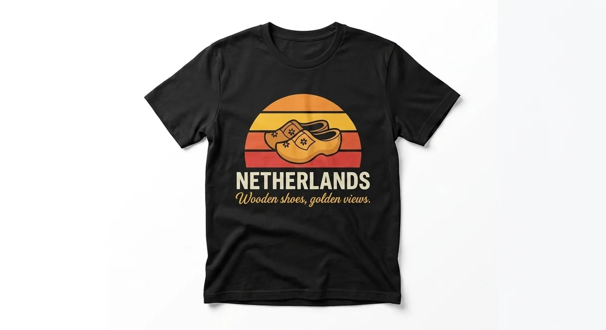 Netherlands Sunset Clog T-Shirt | Iconic Dutch Souvenir Tee | Wooden Shoes, Golden Views Graphic Shirt
