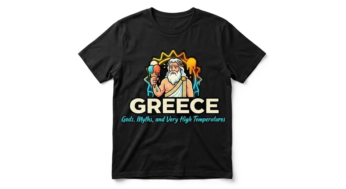 Greece Souvenir T-Shirt | Zeus Melting Ice Cream Graphic Tee | Funny Mythology Summer Shirt