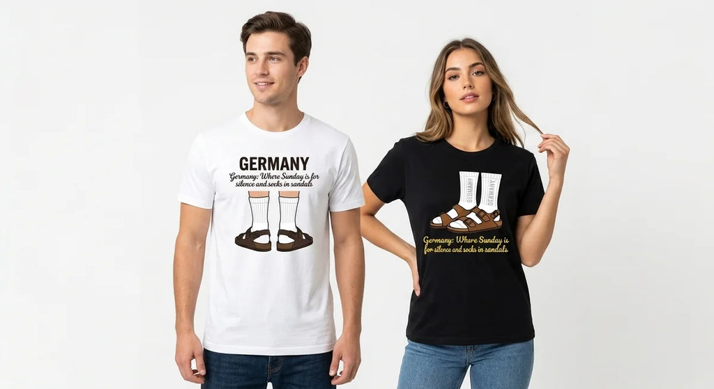 Germany Slogan T-Shirt: "Sunday Silence & Socks in Sandals" Funny Travel Souvenir Tee