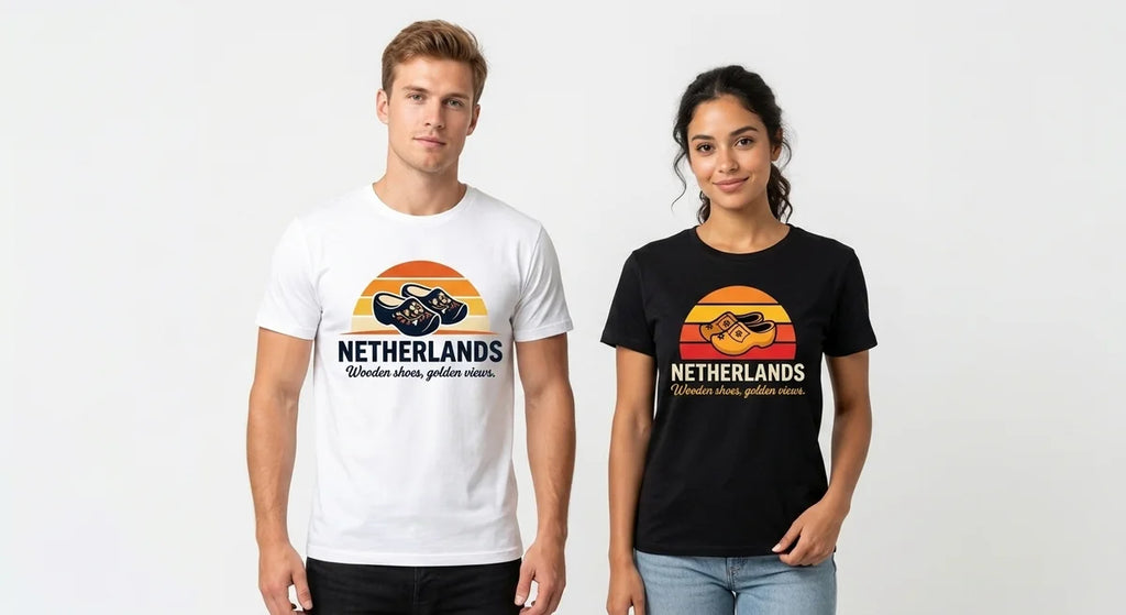 Netherlands Sunset Clog T-Shirt | Iconic Dutch Souvenir Tee | Wooden Shoes, Golden Views Graphic Shirt