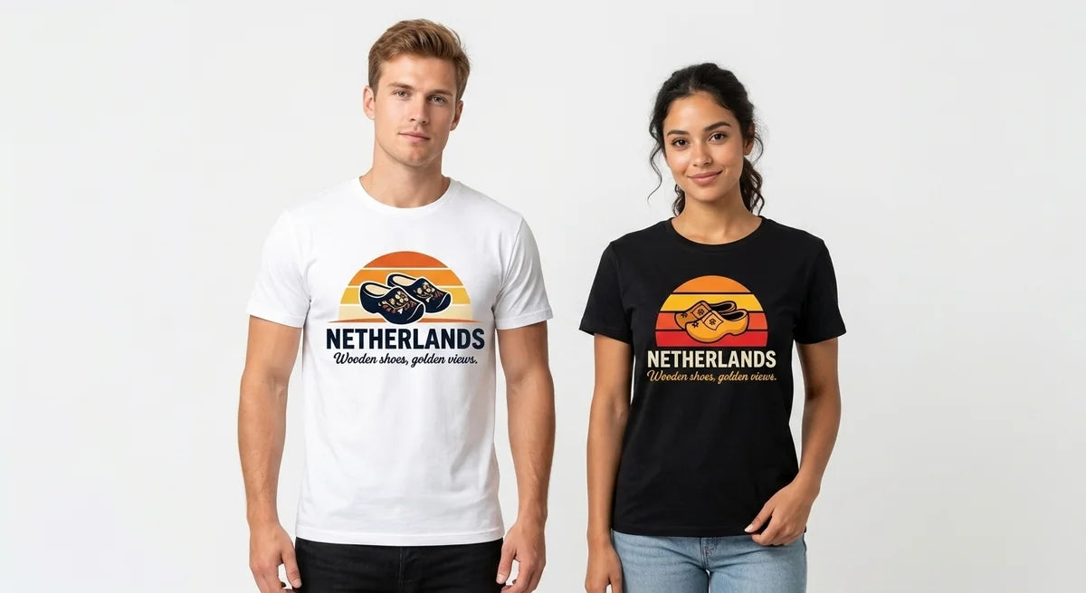 Netherlands Sunset Clog T-Shirt | Iconic Dutch Souvenir Tee | Wooden Shoes, Golden Views Graphic Shirt