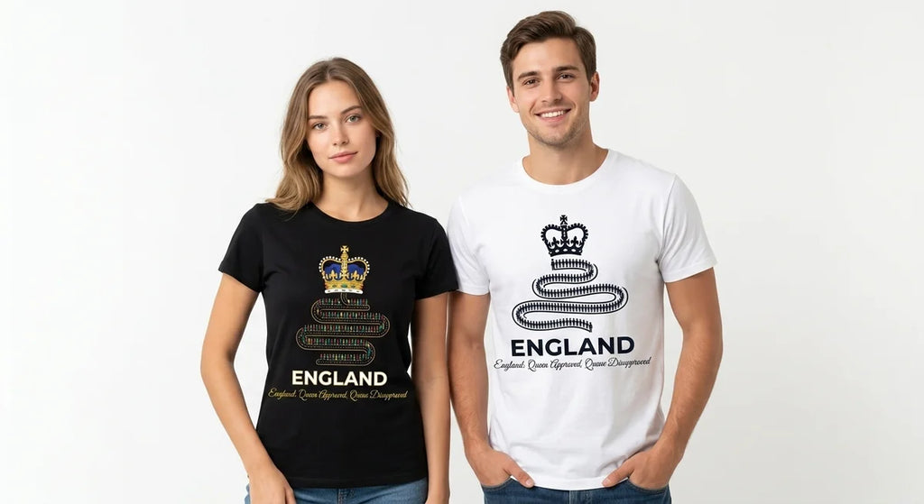 England Souvenir T-Shirt | "Queen Approved, Queue Disapproved" Funny British Humor Tee | Premium Cotton Graphic Top
