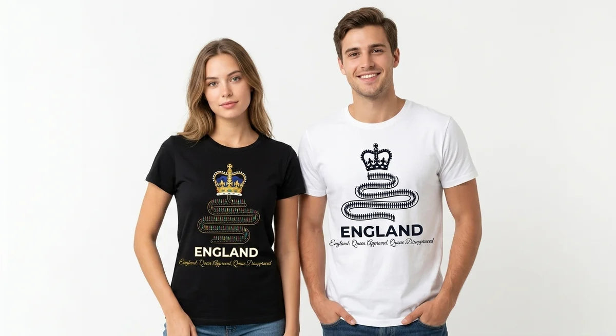 England Souvenir T-Shirt | "Queen Approved, Queue Disapproved" Funny British Humor Tee | Premium Cotton Graphic Top