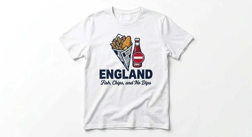 "Fish, Chips, and No Dips" Graphic T-Shirt | England Souvenir Funny Foodie Tee | British Culinary Heritage Unisex Shirt