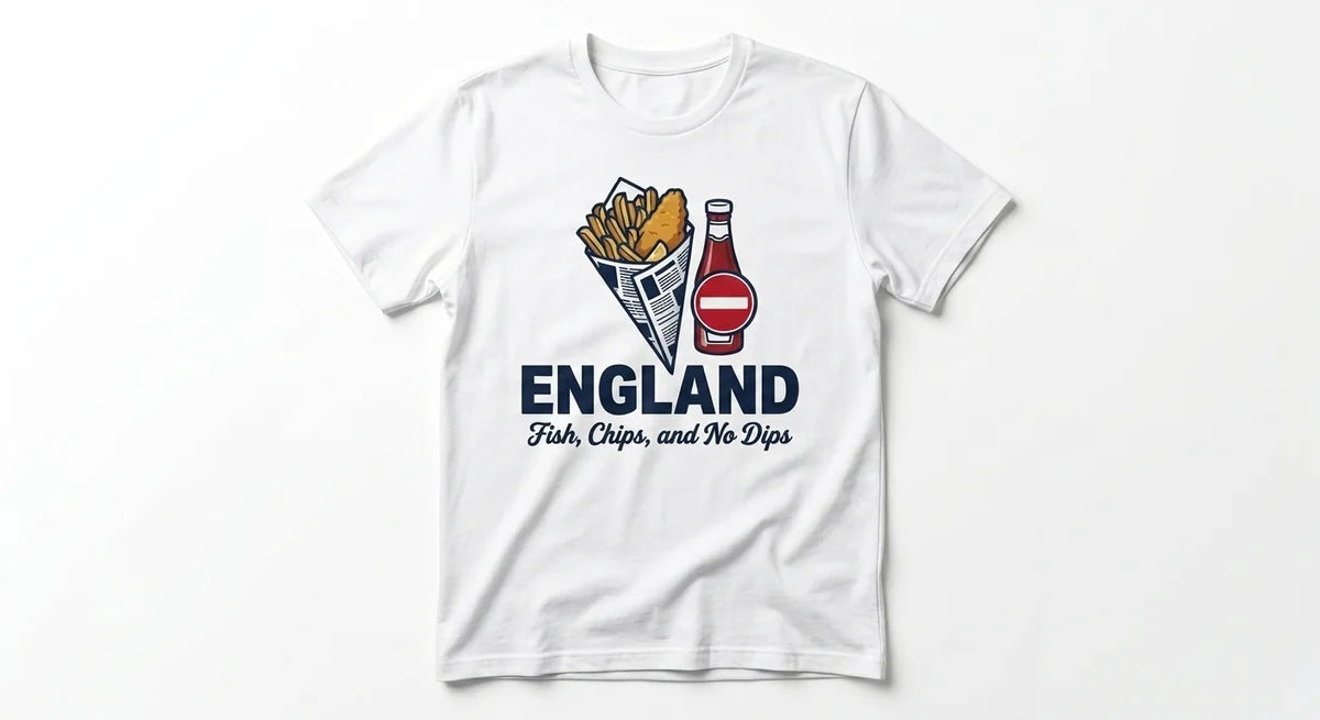 "Fish, Chips, and No Dips" Graphic T-Shirt | England Souvenir Funny Foodie Tee | British Culinary Heritage Unisex Shirt