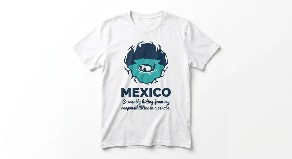 Mexico Vacation T-Shirt | "Hiding From Responsibilities in a Cenote" Graphic Tee | Funny Travel Souvenir Shirt