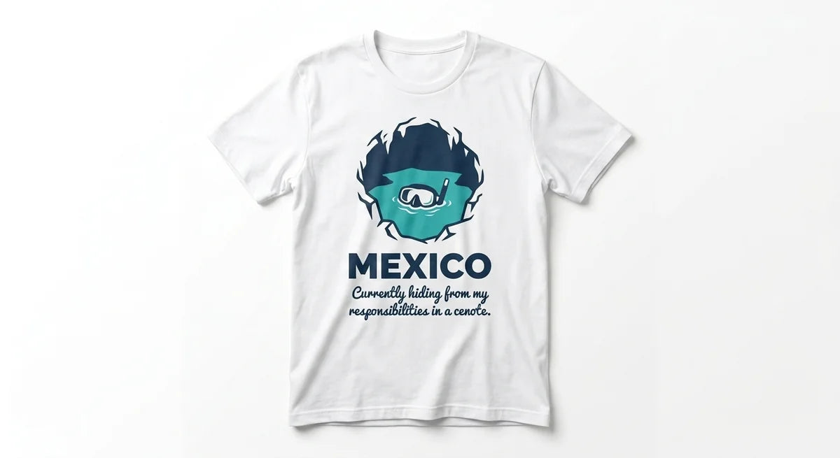 Mexico Vacation T-Shirt | "Hiding From Responsibilities in a Cenote" Graphic Tee | Funny Travel Souvenir Shirt