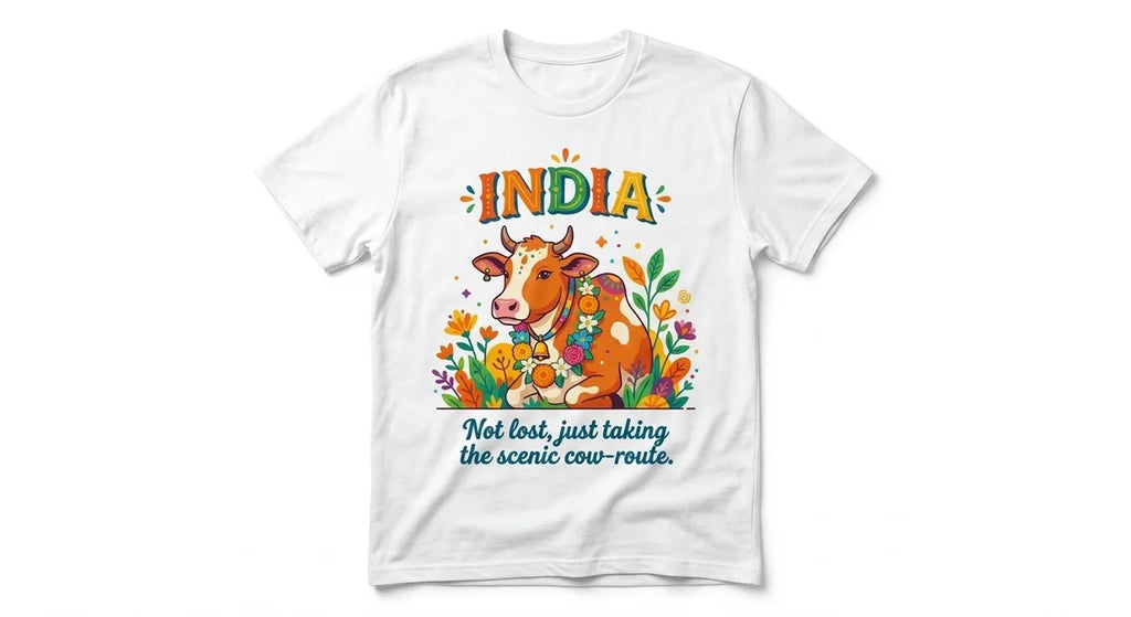 India Travel T-Shirt | "Not Lost, Just Taking The Scenic Cow-Route" Graphic Tee | Premium Cotton Souvenir Shirt