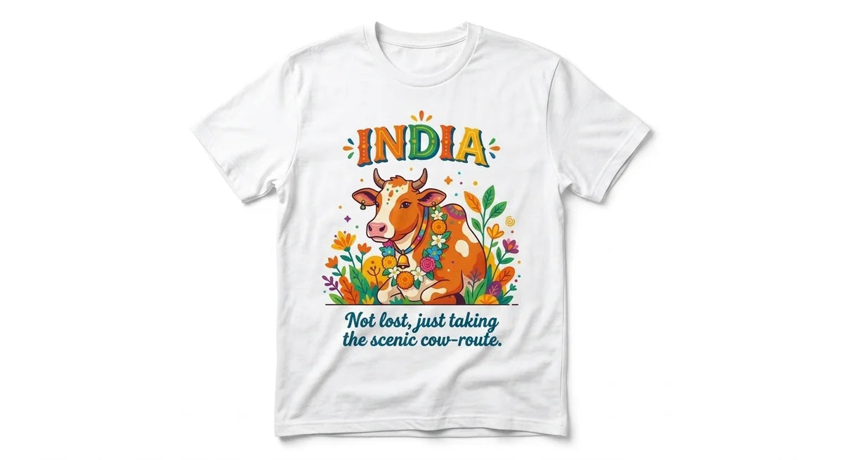 India Travel T-Shirt | "Not Lost, Just Taking The Scenic Cow-Route" Graphic Tee | Premium Cotton Souvenir Shirt