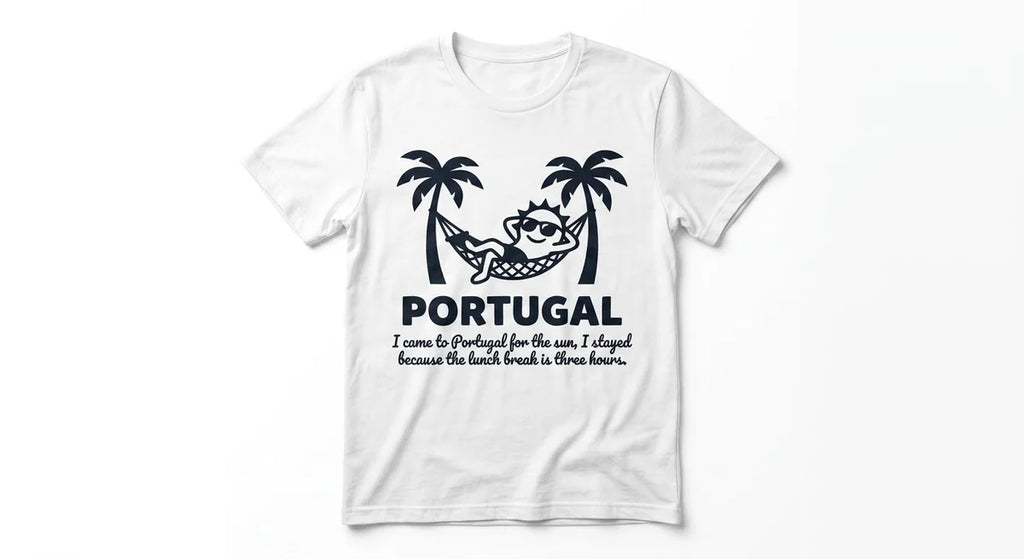 Portugal Travel T-Shirt | "I Stayed for the Three-Hour Lunch" Funny Graphic Tee | Soft Cotton Vacation Souvenir