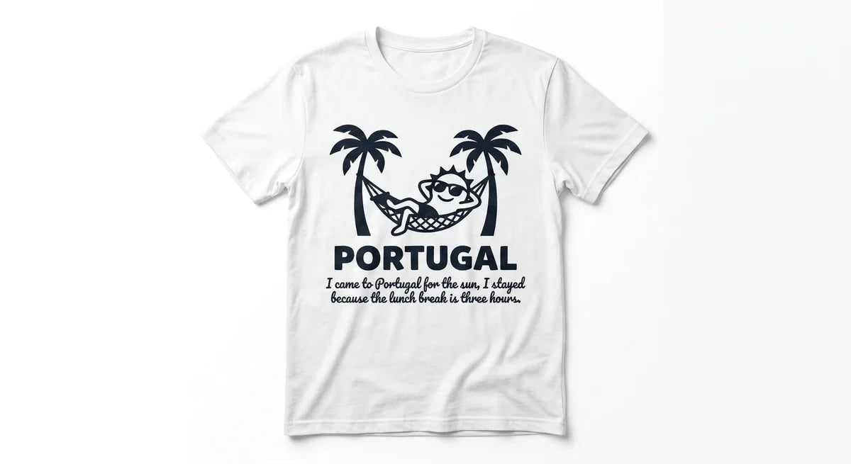 Portugal Travel T-Shirt | "I Stayed for the Three-Hour Lunch" Funny Graphic Tee | Soft Cotton Vacation Souvenir