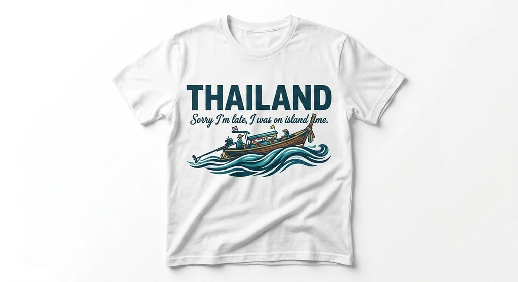 Thailand "Island Time" Souvenir T-Shirt | Tropical Longtail Boat Graphic Tee | Vacation Keepsake | Unisex Cotton Shirt