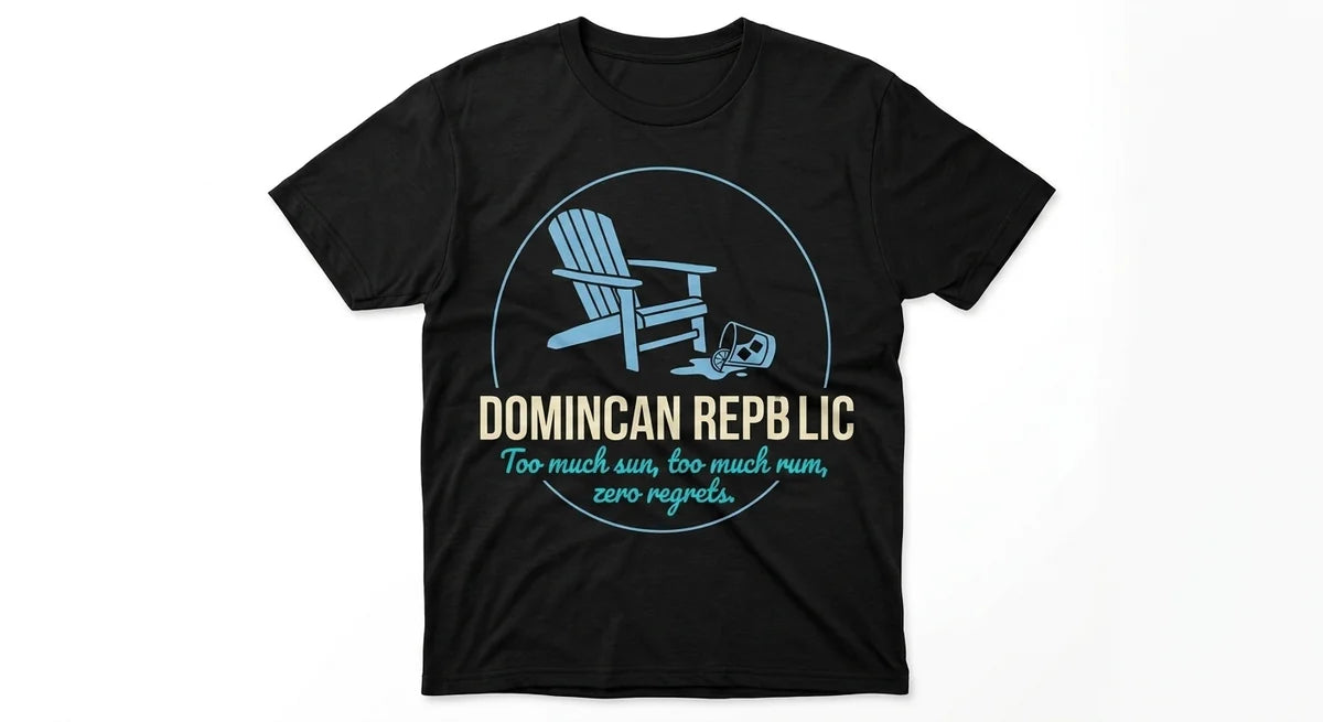 Dominican Republic Vacation T-Shirt – "Too Much Sun, Too Much Rum" Beach Graphic Tee
