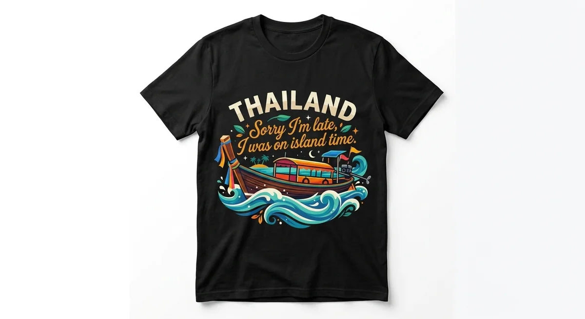 Thailand "Island Time" Souvenir T-Shirt | Tropical Longtail Boat Graphic Tee | Vacation Keepsake | Unisex Cotton Shirt