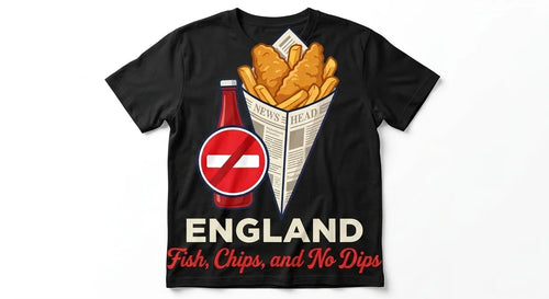 "Fish, Chips, and No Dips" Graphic T-Shirt | England Souvenir Funny Foodie Tee | British Culinary Heritage Unisex Shirt