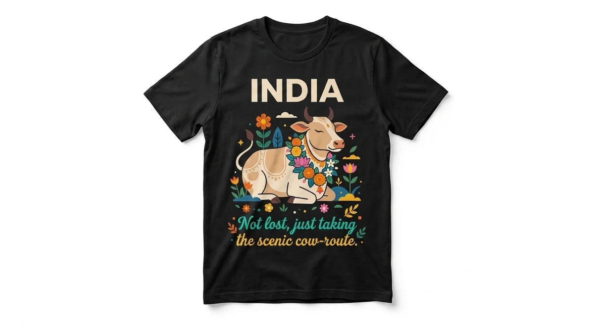 India Travel T-Shirt | "Not Lost, Just Taking The Scenic Cow-Route" Graphic Tee | Premium Cotton Souvenir Shirt