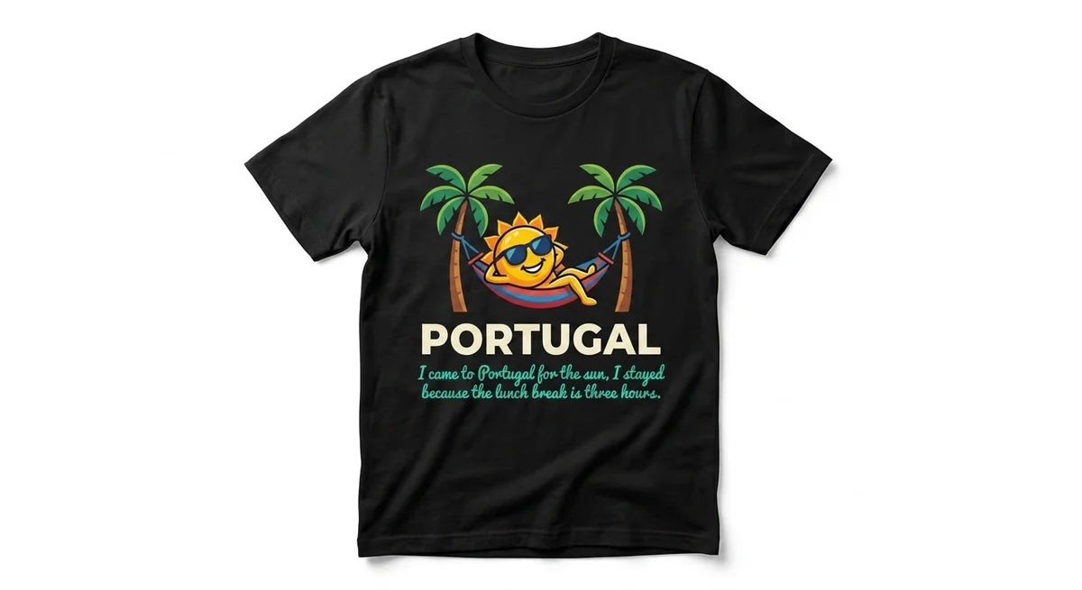 Portugal Travel T-Shirt | "I Stayed for the Three-Hour Lunch" Funny Graphic Tee | Soft Cotton Vacation Souvenir