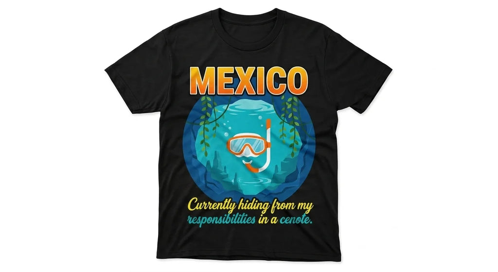 Mexico Vacation T-Shirt | "Hiding From Responsibilities in a Cenote" Graphic Tee | Funny Travel Souvenir Shirt