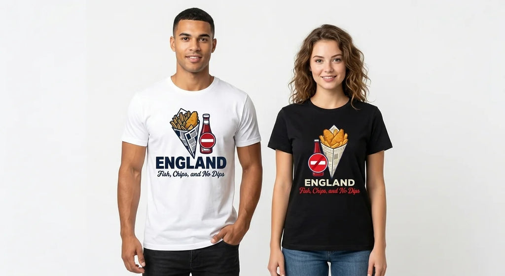 "Fish, Chips, and No Dips" Graphic T-Shirt | England Souvenir Funny Foodie Tee | British Culinary Heritage Unisex Shirt