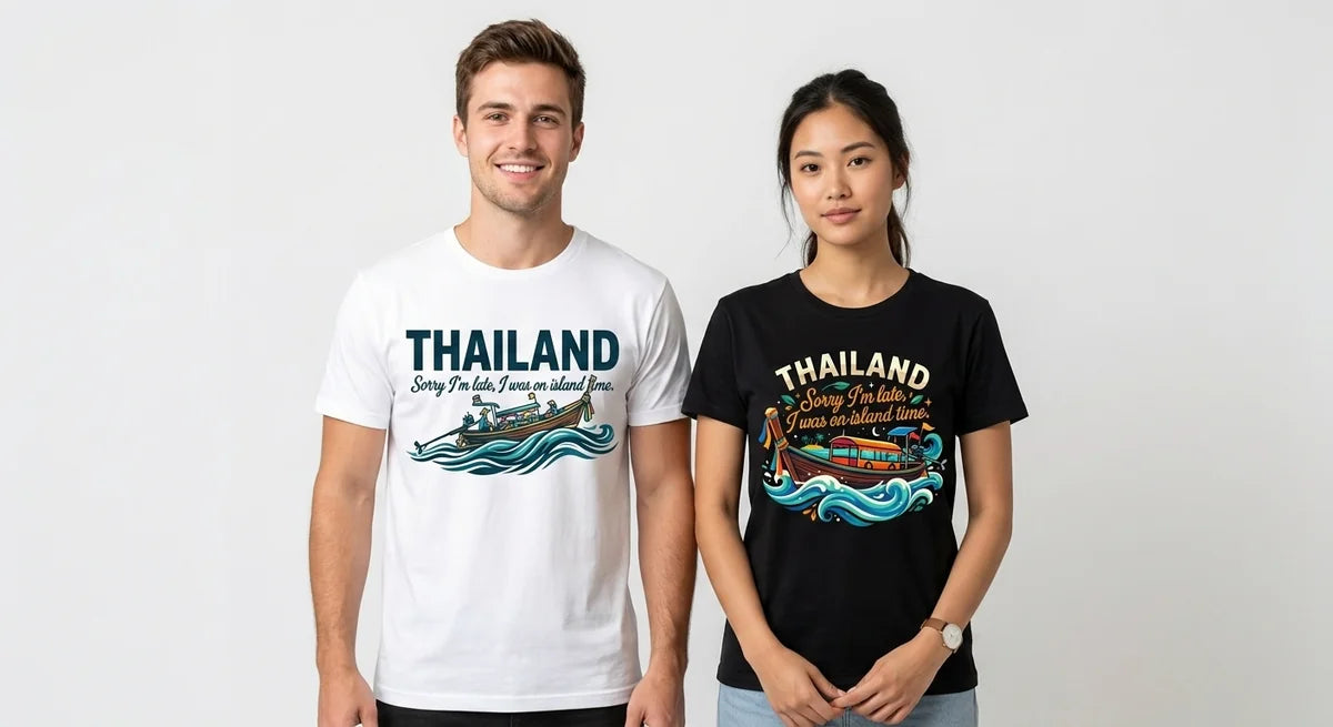 Thailand "Island Time" Souvenir T-Shirt | Tropical Longtail Boat Graphic Tee | Vacation Keepsake | Unisex Cotton Shirt