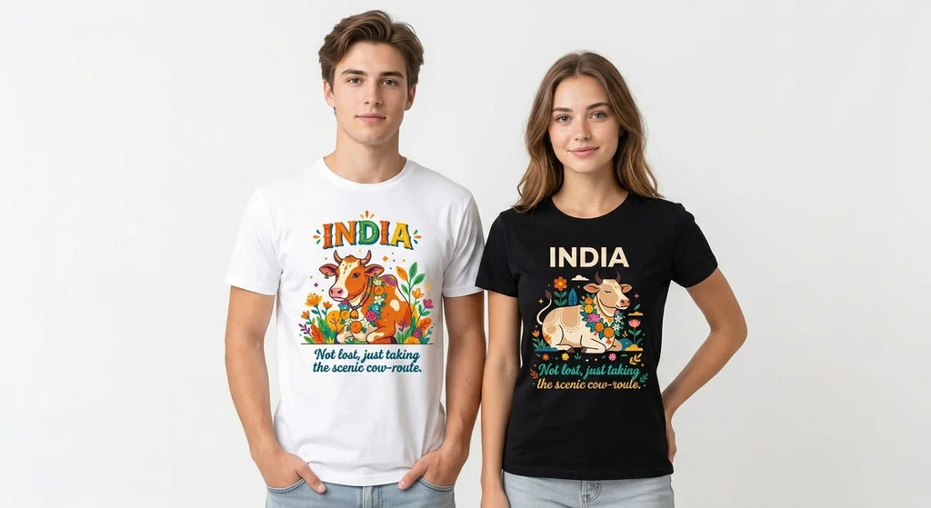 India Travel T-Shirt | "Not Lost, Just Taking The Scenic Cow-Route" Graphic Tee | Premium Cotton Souvenir Shirt