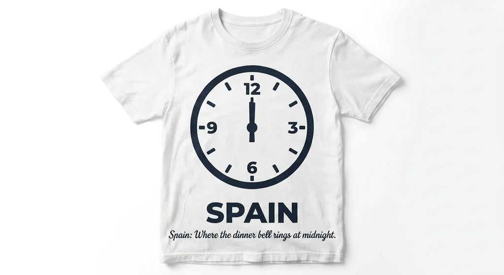 Spain Midnight Dinner Club T-Shirt | Funny Spain Travel Souvenir Tee | 100% Cotton Spain Vacation Gift