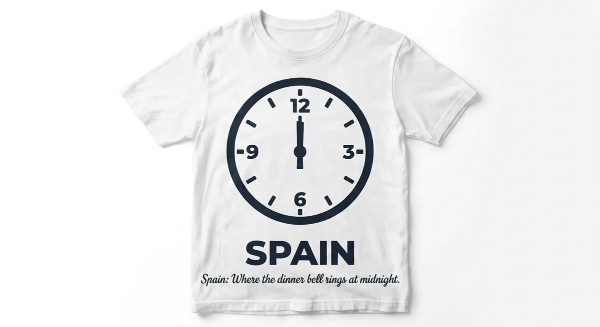 Spain Midnight Dinner Club T-Shirt | Funny Spain Travel Souvenir Tee | 100% Cotton Spain Vacation Gift