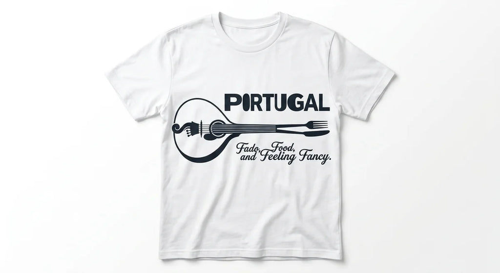 Portugal Travel T-Shirt: Fado, Food, and Feeling Fancy | Portuguese Guitar & Cutlery Graphic Tee