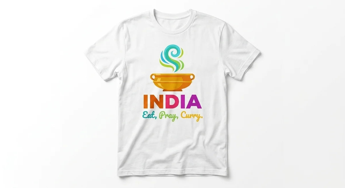 India Souvenir T-Shirt: 'Eat, Pray, Curry' Graphic Tee | Ultra-Soft Cotton Travel Apparel