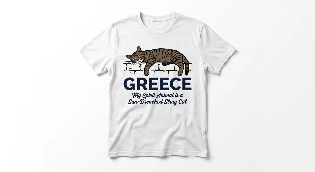Greece Souvenir T-Shirt: 'My Spirit Animal is a Sun-Drenched Stray Cat' | Premium Cotton Graphic Tee