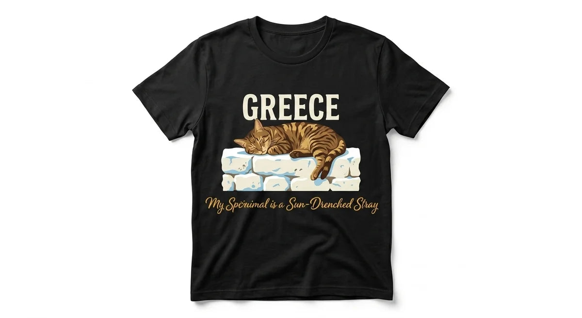 Greece Souvenir T-Shirt: 'My Spirit Animal is a Sun-Drenched Stray Cat' | Premium Cotton Graphic Tee
