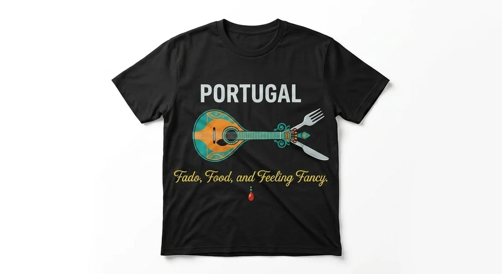 Portugal Travel T-Shirt: Fado, Food, and Feeling Fancy | Portuguese Guitar & Cutlery Graphic Tee