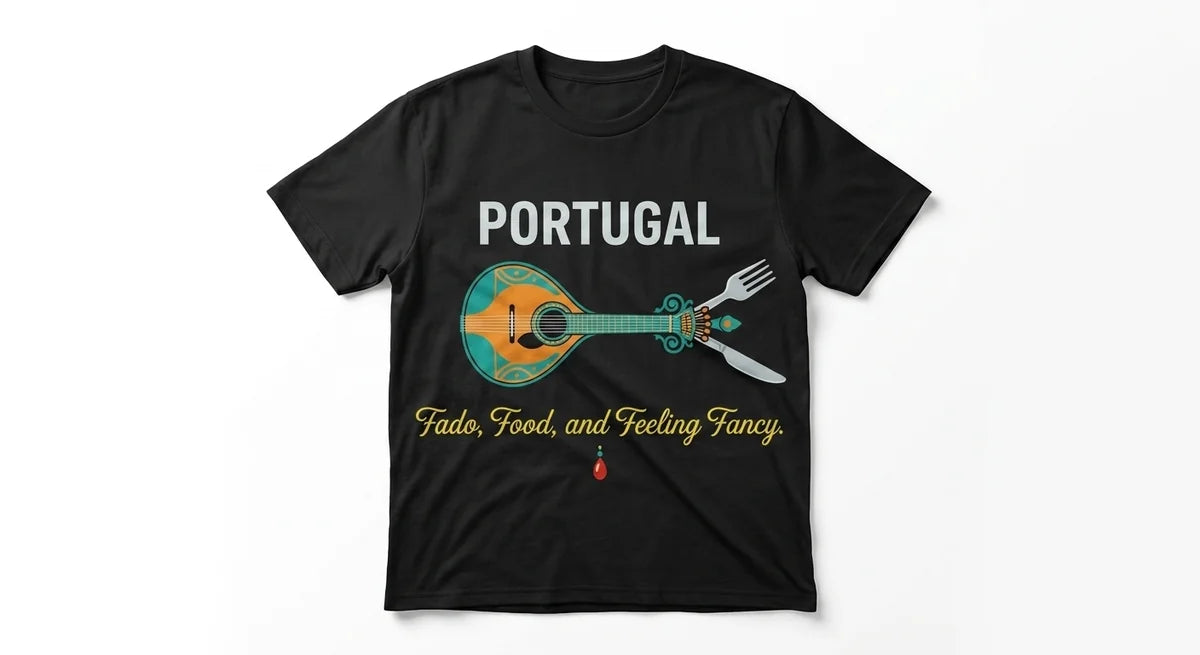 Portugal Travel T-Shirt: Fado, Food, and Feeling Fancy | Portuguese Guitar & Cutlery Graphic Tee