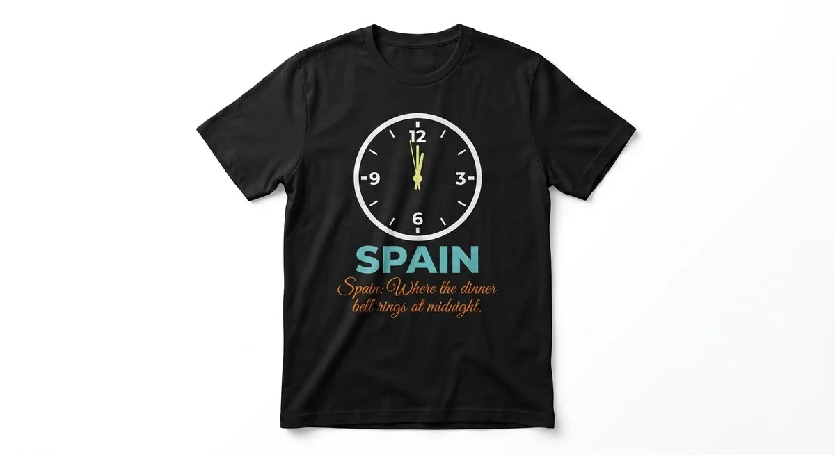 Spain Midnight Dinner Club T-Shirt | Funny Spain Travel Souvenir Tee | 100% Cotton Spain Vacation Gift