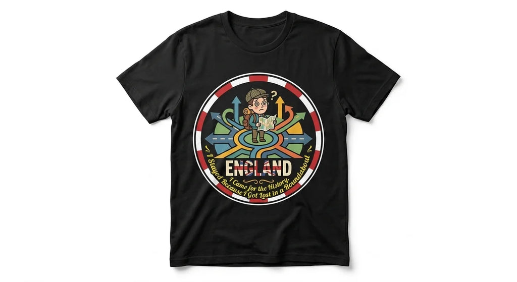 "I Got Lost in a Roundabout" England Souvenir T-Shirt | Funny British Road Trip Gift | Unisex Cotton Tee