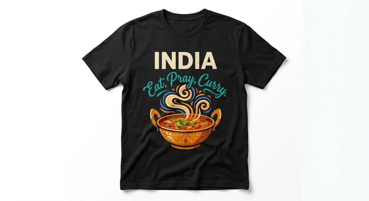 India Souvenir T-Shirt: 'Eat, Pray, Curry' Graphic Tee | Ultra-Soft Cotton Travel Apparel