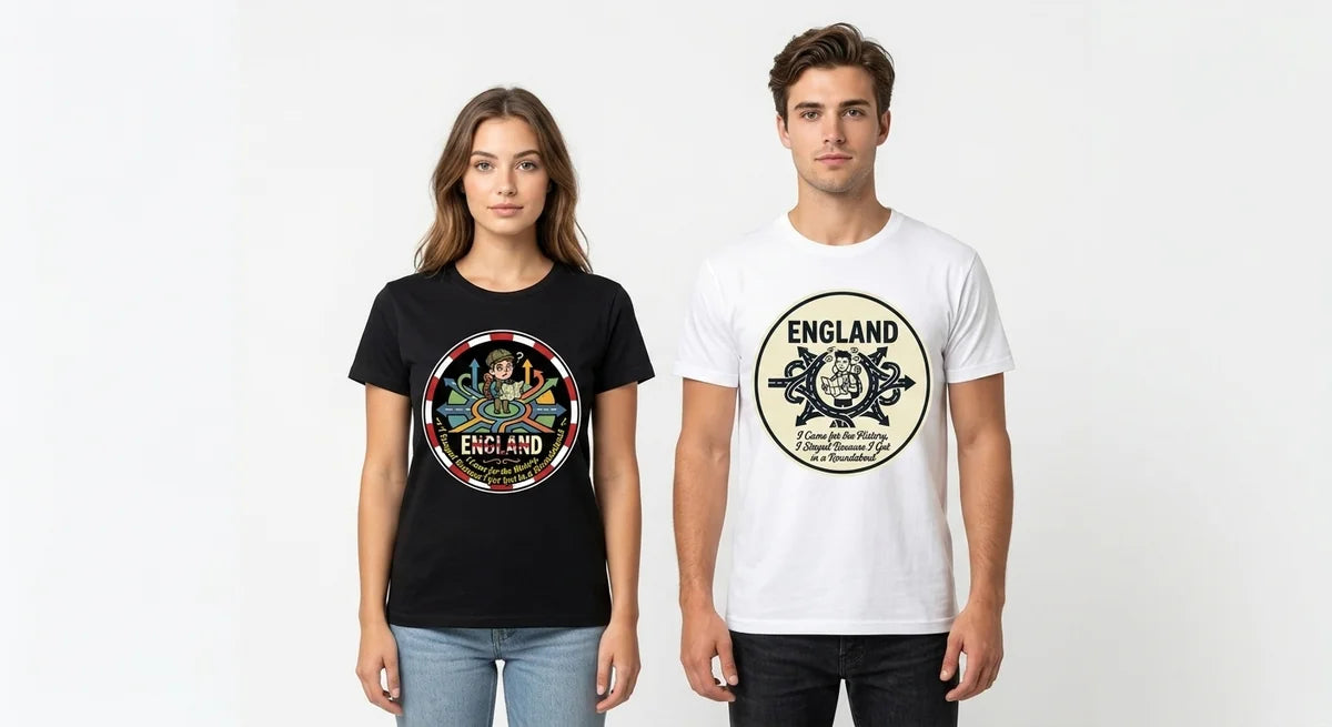 "I Got Lost in a Roundabout" England Souvenir T-Shirt | Funny British Road Trip Gift | Unisex Cotton Tee