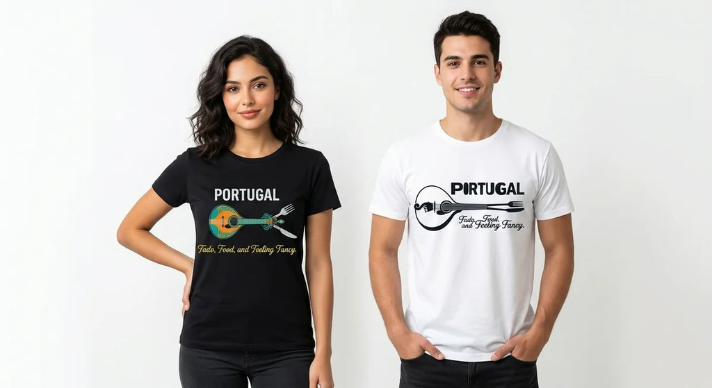 Portugal Travel T-Shirt: Fado, Food, and Feeling Fancy | Portuguese Guitar & Cutlery Graphic Tee