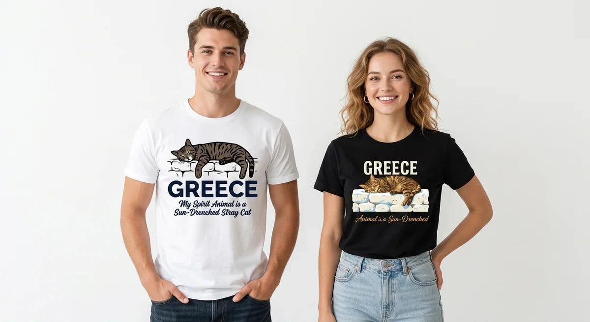 Greece Souvenir T-Shirt: 'My Spirit Animal is a Sun-Drenched Stray Cat' | Premium Cotton Graphic Tee