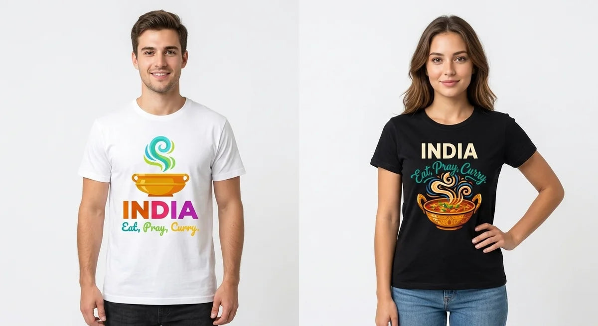 India Souvenir T-Shirt: 'Eat, Pray, Curry' Graphic Tee | Ultra-Soft Cotton Travel Apparel