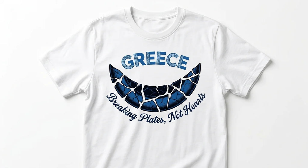 "Breaking Plates, Not Hearts" Greek Souvenir Graphic T-Shirt | Premium Cotton Mediterranean Keepsake