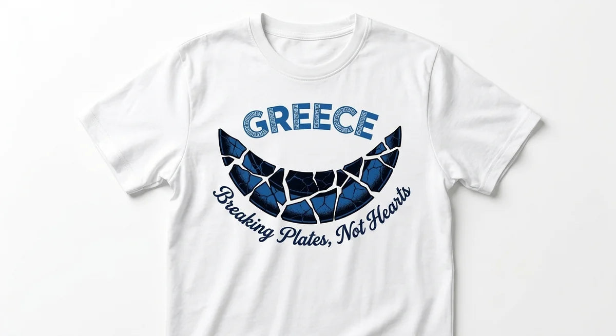 "Breaking Plates, Not Hearts" Greek Souvenir Graphic T-Shirt | Premium Cotton Mediterranean Keepsake