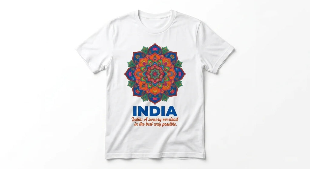 India Sensory Overload Graphic T-Shirt | Kaleidoscope Mandala Souvenir Tee | Premium Cotton Casual Wear