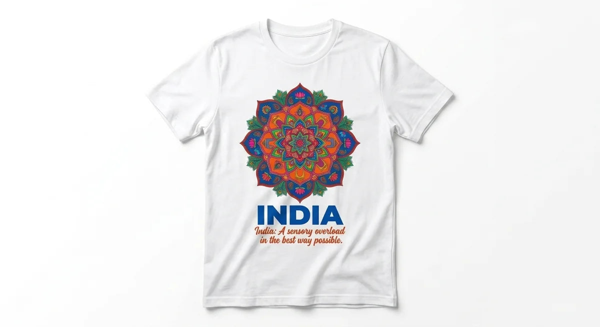India Sensory Overload Graphic T-Shirt | Kaleidoscope Mandala Souvenir Tee | Premium Cotton Casual Wear